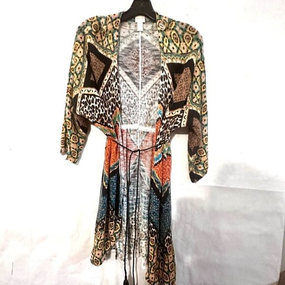 Chicos Size 1 Large Leopard Print Cardigan Tassel Sweater Cotton Shacket Boho - Picture 5 of 6